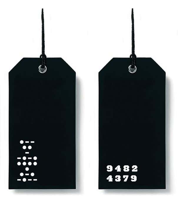 2 Black swing tags over a white background