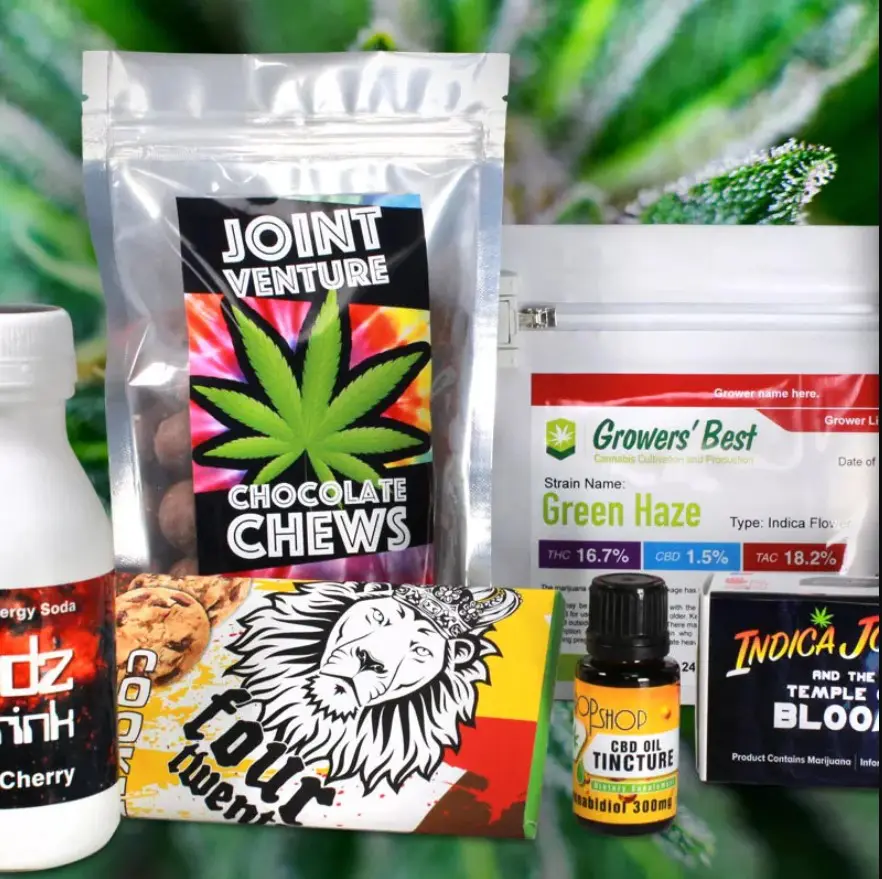 Variety of different Cannabis packaging over a herbal background